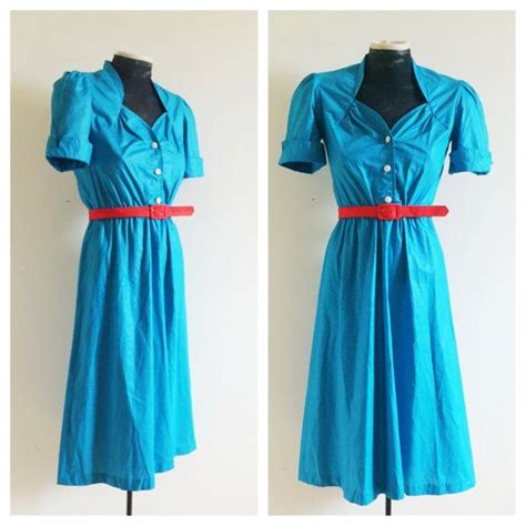 Vtg Teal 80s Does 50s Dress Sm Fit And Flare Blue Waitress Etsy