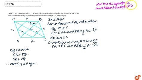 abcd is a rhombus and p q r and s are wthe mid points of the sides ab bc cd youtube