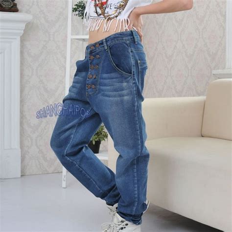 women drop crotch trousers button harem baggy pants denim jeans tapered washed drop crotch