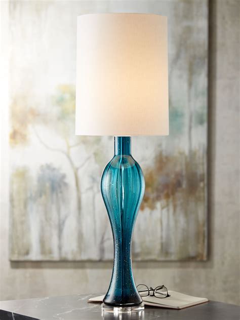 Possini Euro Design Coastal Console Table Lamp Blue Fluted Art Glass White Cylinder Shade For