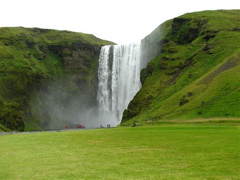 Skogafoss Waterfall Iceland People Landscape Background Ultra Hd