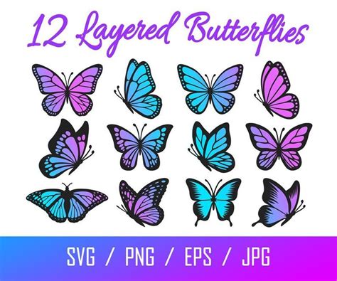 12 Purple And Blue Butterflies With The Text 12 Layered Butterflies Svg