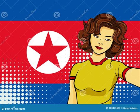 Asian Woman Taking Selfie Photo In Front Of National Flag North Korea