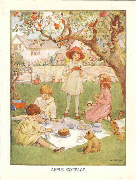 1920s Vintage Childrens Print Children Picnicking Under Apple Tree