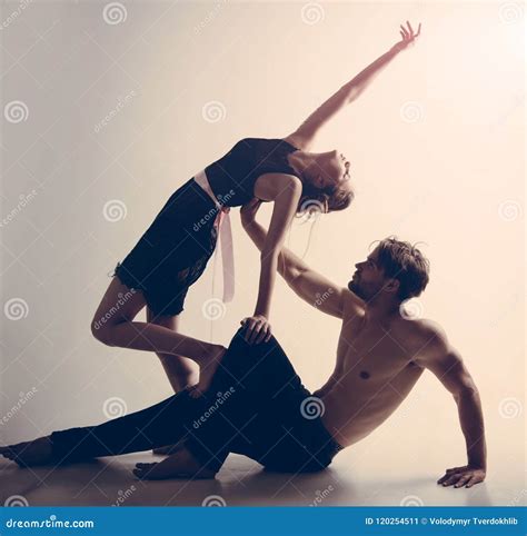 Enjoy Dancing Together Muscular Man And Cute Woman Perform Modern Dance Young Woman And Man