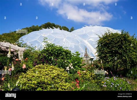 View Of Two Giant Biomes Of The Eden Project In Cornwall England As