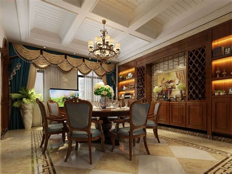 大气美式风格餐厅棕色餐桌装修设计图 房天下装修效果图