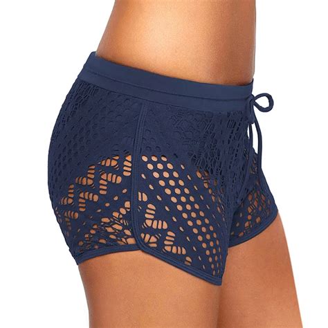 Hollow Out Lace Women Shorts Solid Lace Up Elastic Waist Black Blue New Fashion Bottoms S 2xl