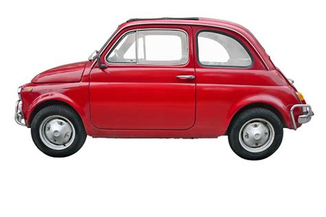A Small Red Old Fashioned Fiat Car On A White Background Stock Photo