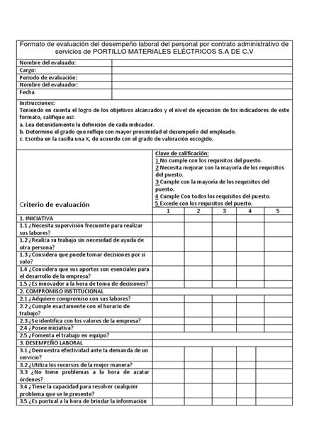 Formato De Evaluación Del Desempeño Laboral