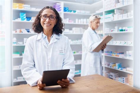 Tablet Woman And Portrait Of Pharmacist In Pharmacy For Healthcare Or