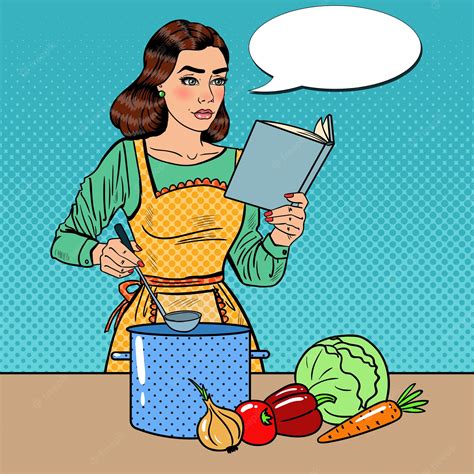 pop art belle femme au foyer cuisine soupe dans la cuisine avec livre de recettes illustration