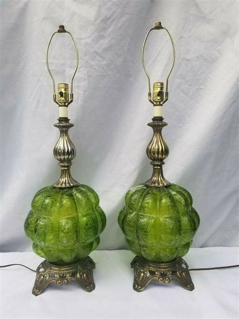 Pair Vintage Green Filmed Crackled Glass Table Lamps W Night Light Mid