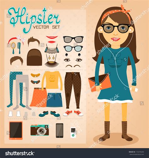 Hipster Character Pack For Geek Girl With Accessory Clothing And Facial