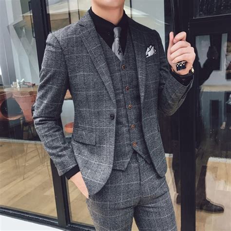 Shop for men's slim fit suits online at burton. Mens Suit Designers 2018 Grey Plaid Slim Fit Tuxedo Men ...
