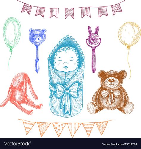 Baby Newborn Toys In Hand Drawn Style Isolated Vector Image