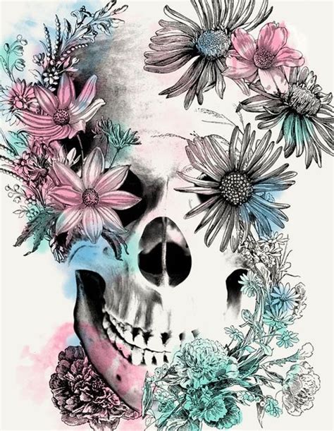 Skull Flowers Blue Pink White Illustration Skull Sugar