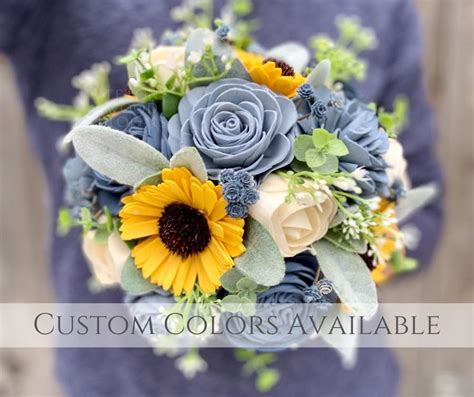 Wood Flower Sunflower With Dusty And Slate Blue Wedding Bouquet Rustic