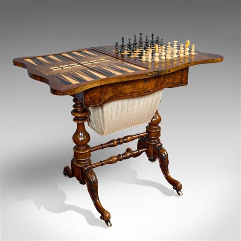 Antique Games Table English Walnut Burr Chess Backgammon