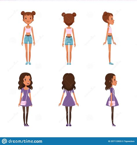 Full Length Portraits Of Teenage Girls Posing Back Front And Side View