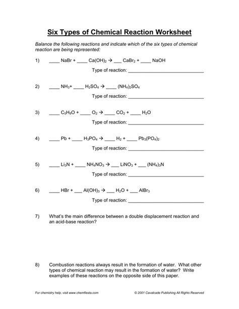 Overview Chemical Reactions Worksheet Answers