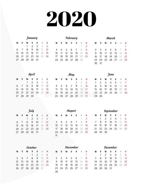 Kalendarz Na Rok 2020 Ilustracja Wektor Ilustracja Złożonej Z Eventide
