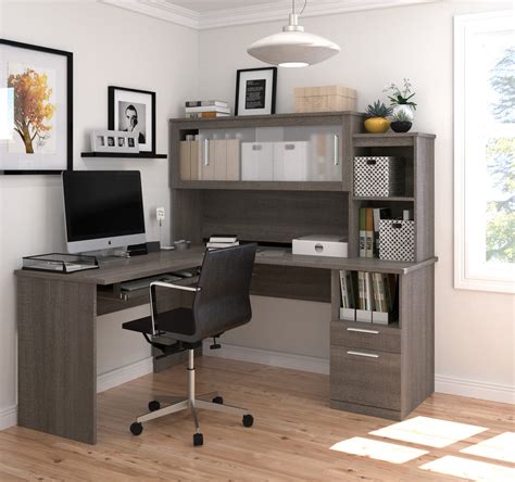 L Shaped Office Desk And Hutch With Frosted Glass Doors In Bark Gray