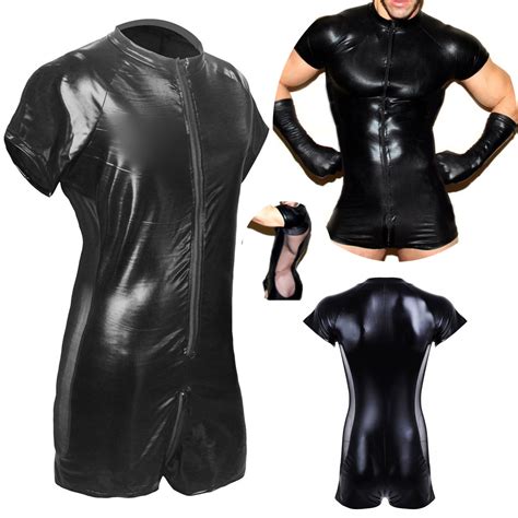 Sexy Mens Pvc Leather Wetlook Zipper Pouch Catsuit Bodysuits Jumpsuits Clubwear Ebay