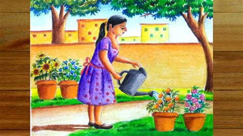 How To Draw A Girl Watering Flower Plants Step By Stepgarden Scenery