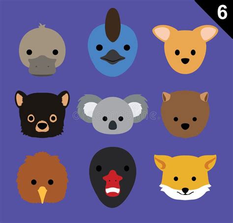 Flat Animal Faces Monochrome Icon Cartoon Vector Set 5 Safari Stock