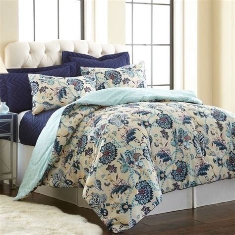 Queen King Bed Aqua Navy Blue Ivory Floral 6 Pc Comforter Coverlet Set