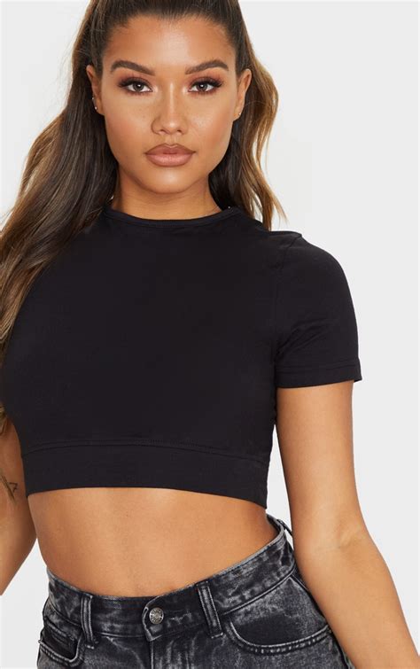 Black Basic Cotton Cropped T Shirt Tops Prettylittlething Ie