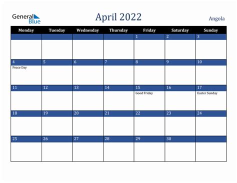 April 2022 Angola Monthly Calendar With Holidays