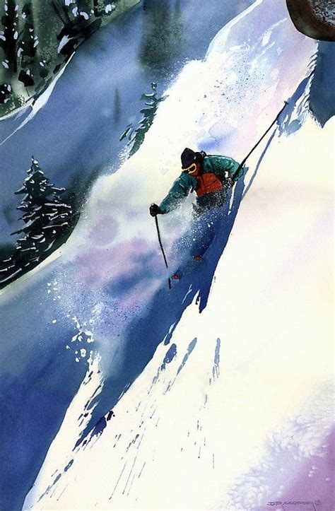 Extreme Downhill Skiing Painting Winter Watercolor Winter Landscape