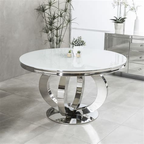 13m Round Glass Dining Table In White With Polished Steel Base Glass