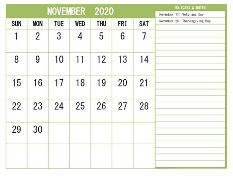 Printable November 2020 Calendar With Holidays Word