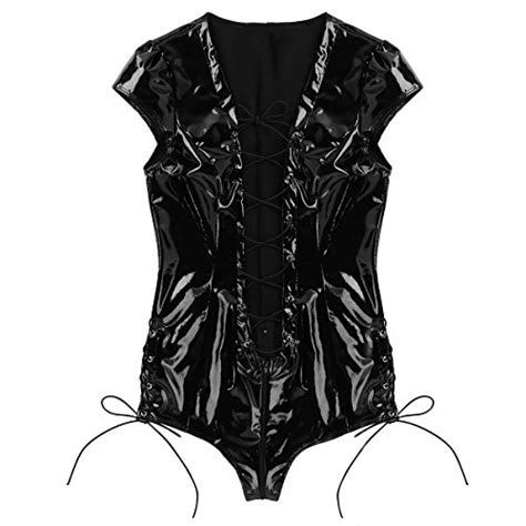 Liiyii Womens One Piece Shiny Metallic Leather Jumpsuit Leotard Lace