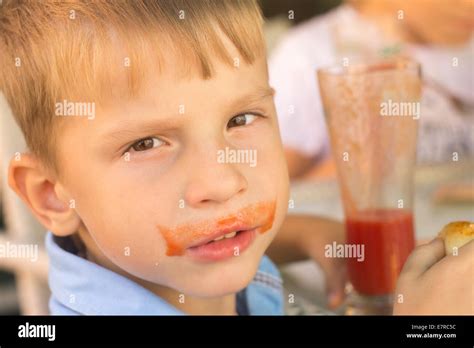 Funny Small Boy Drinking Tomato Juice In Cafe Tomato Mustache Stock