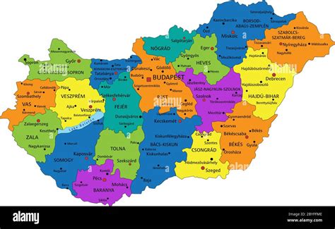 Colorful Hungary Political Map With Clearly Labeled Separated Layers