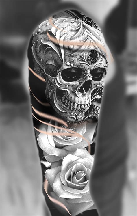 Skull And Roses Shoulder Tattoo Design Skull Sleeve Tattoos Skull