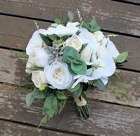 White Bridal Bouquet Faux Succulents Silk Flowers Peonies Cottage