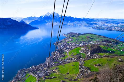 Panoramic Skyline View Of Mount Pilatus Over Lake Lucern Swiss Stock