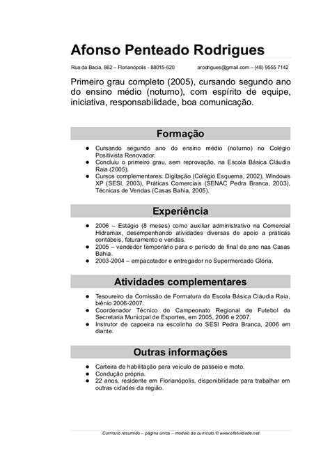 Curriculum Vitae Simples Pronto Para Imprimir Afonso Novo Post