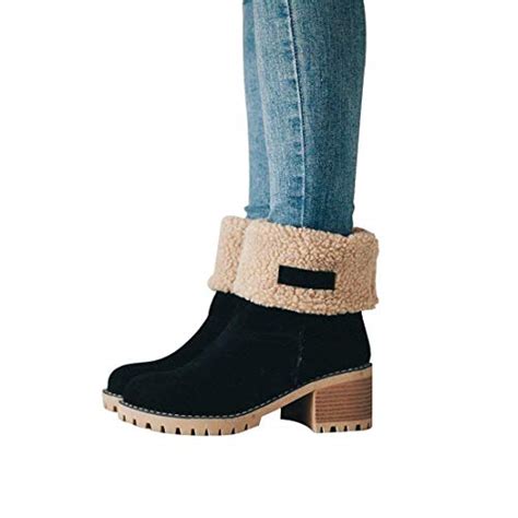 justfashionnow women s ankle snow boots warm short boots suede chunky mid heel round toe winter