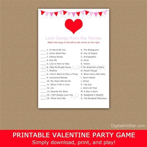 Movie Love Songs Matching Game Printable Valentine Games Galentines