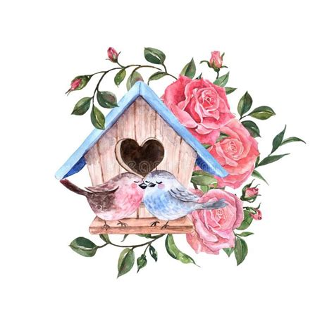 Watercolor Spring Cute Birds Illustration Valentines Day Card With