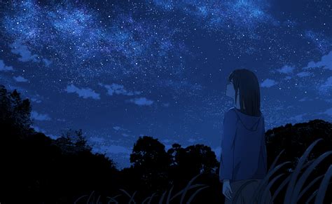 Anime Girl Staring At Night Sky Wallpaper Hd Anime K Wallpapers Gambaran