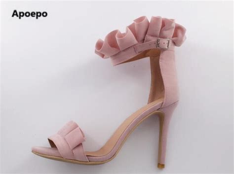 Hot Selling Pink Suede High Heel Shoes Beautiful Ruffles Open Toe Sexy Sandal 2017 Summer Ankle