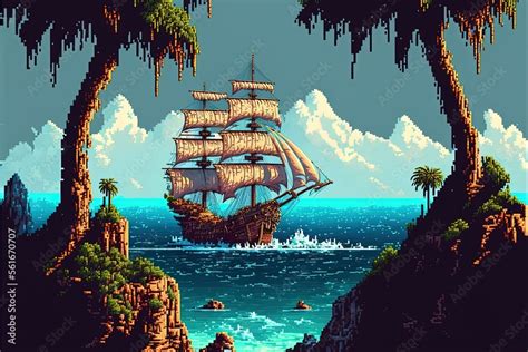 Pixel Art Pirate Ship Sailing Near The Island Background In Retro