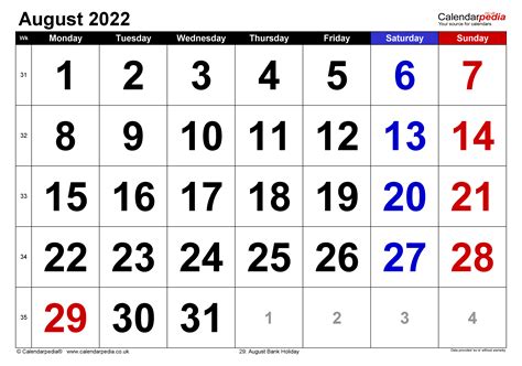 Calendar August 2022 Uk With Excel Word And Pdf Templates